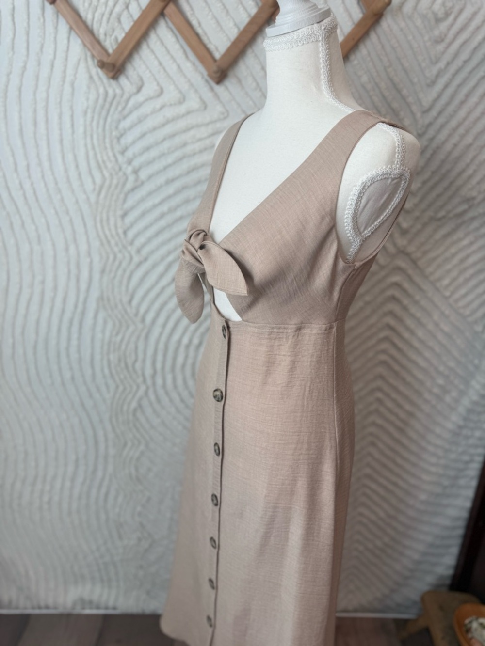 Blue Blush tan colored Tie-Front Button-Down Midi linen blend Dress - Picture 6 of 12